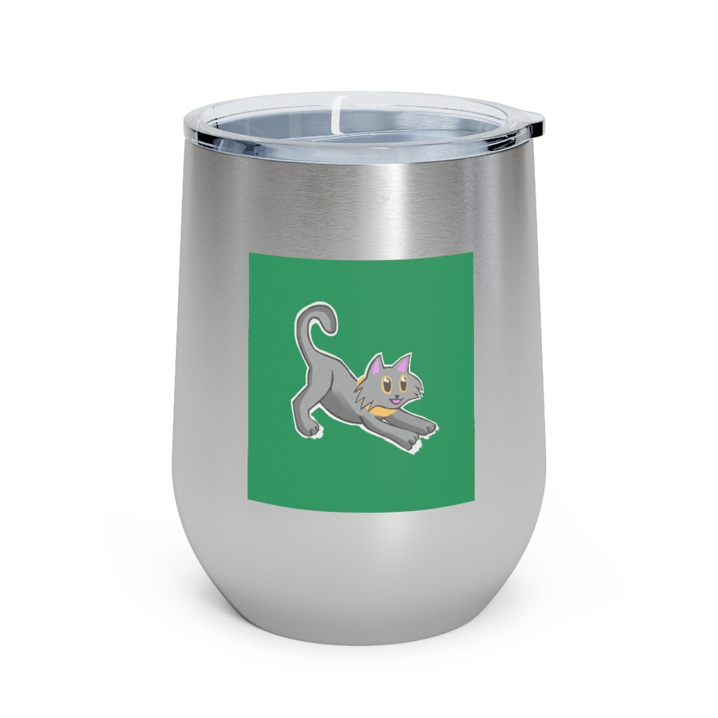 Grey Kitty 12oz insulated wine tumbler with a clear lid, showcasing a stylish design perfect for hot and cold beverages.