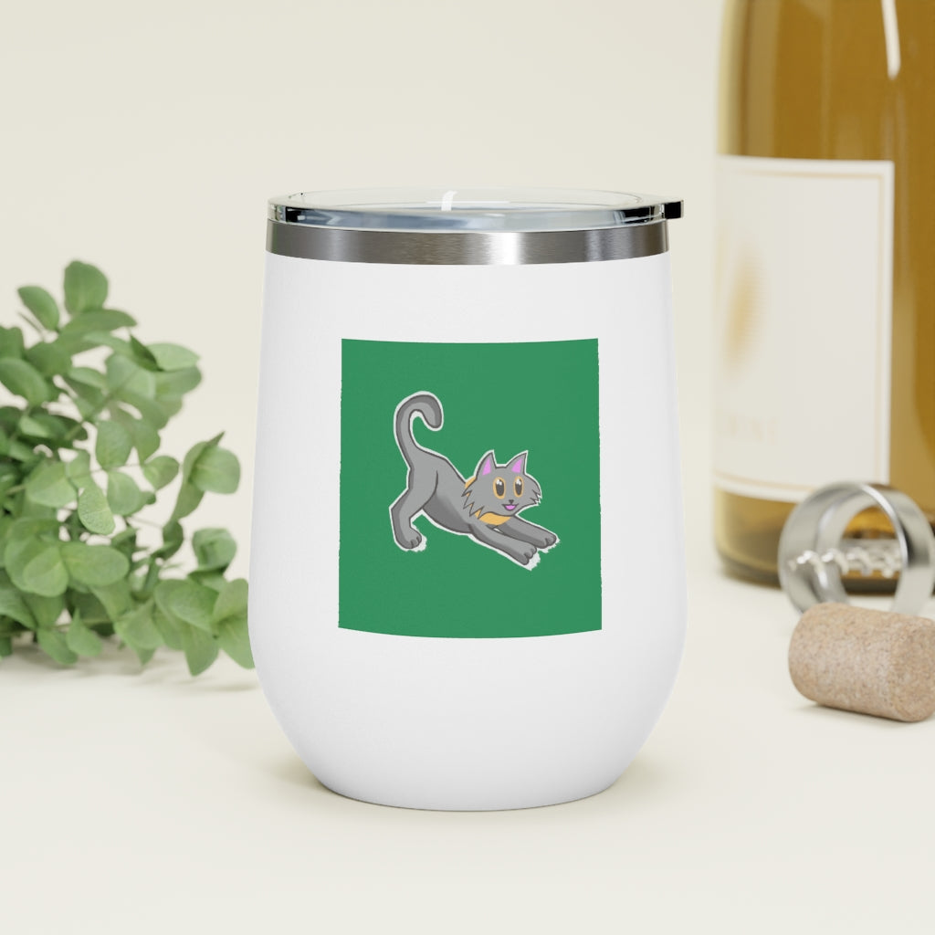 Grey Kitty 12oz insulated wine tumbler with a clear lid, showcasing a stylish design perfect for hot and cold beverages.