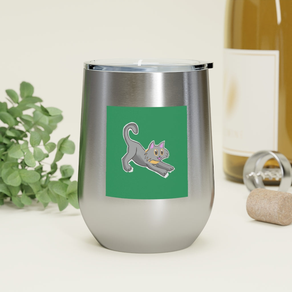 Grey Kitty 12oz insulated wine tumbler with a clear lid, showcasing a stylish design perfect for hot and cold beverages.