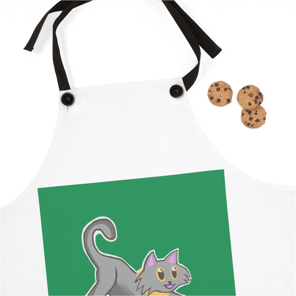 Grey Kitty Apron featuring a stylish design with black detachable twill straps, perfect for cooking and backyard gatherings.