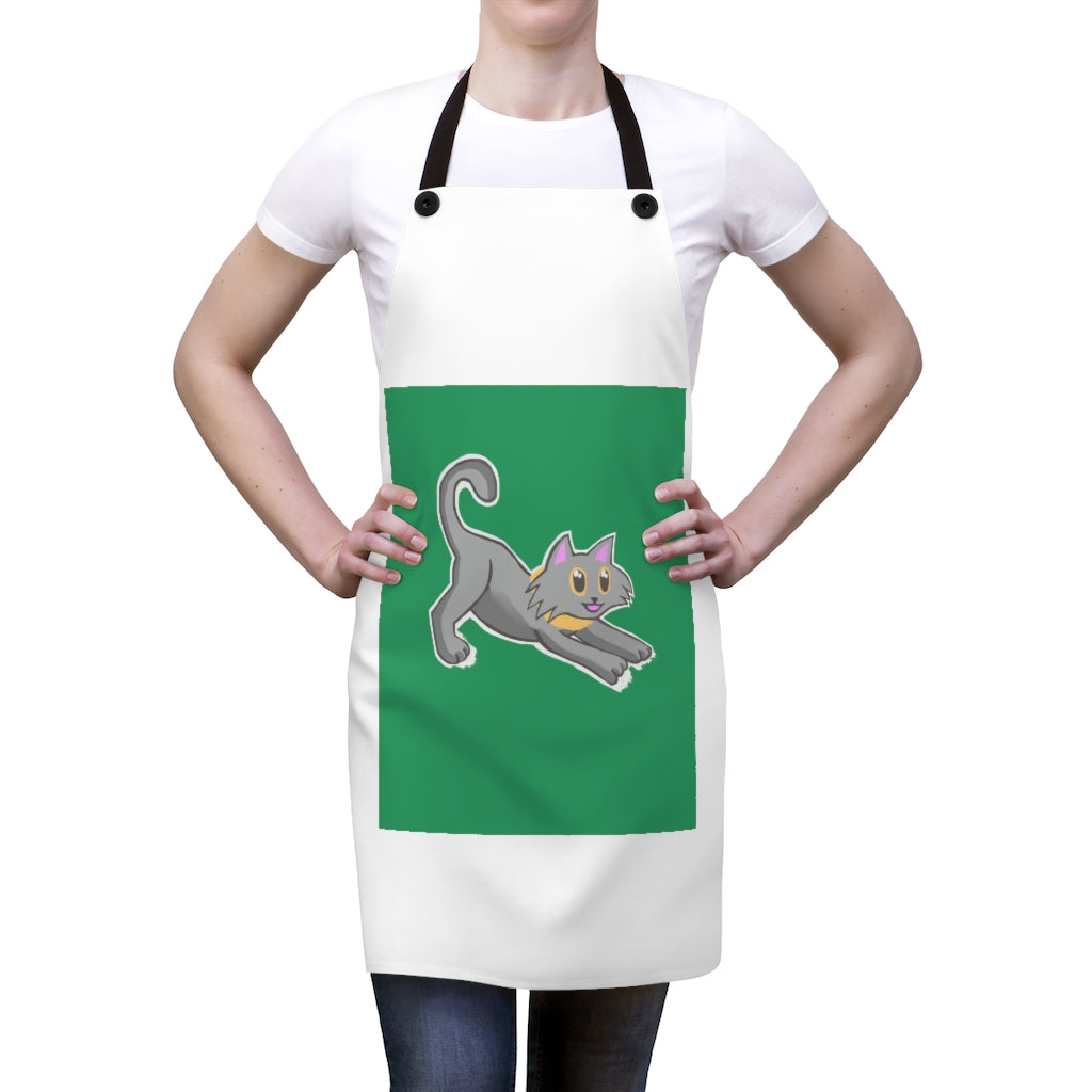 Grey Kitty Apron featuring a stylish design with black detachable twill straps, perfect for cooking and backyard gatherings.