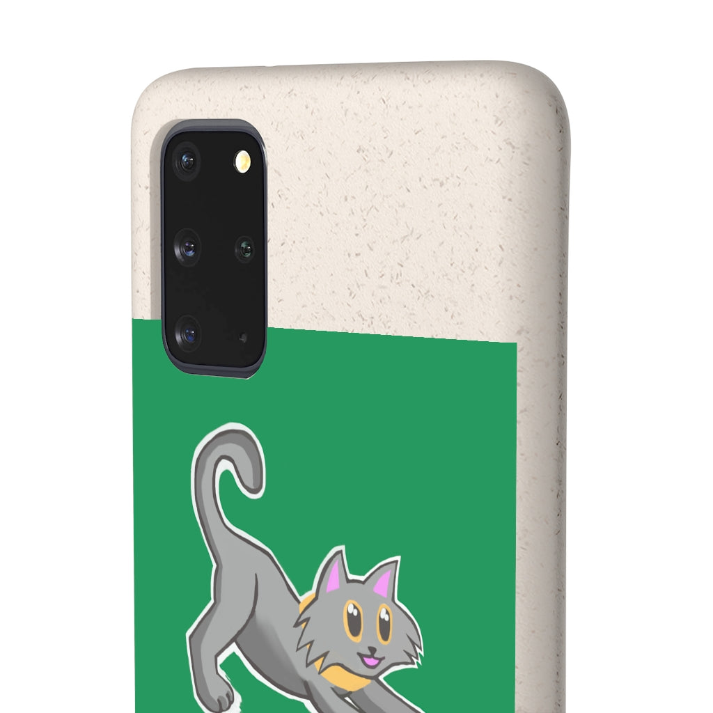 Grey Kitty Biodegradable Phone Case made from PLA plant polymer with bamboo binder, showcasing its slim design and eco-friendly features.