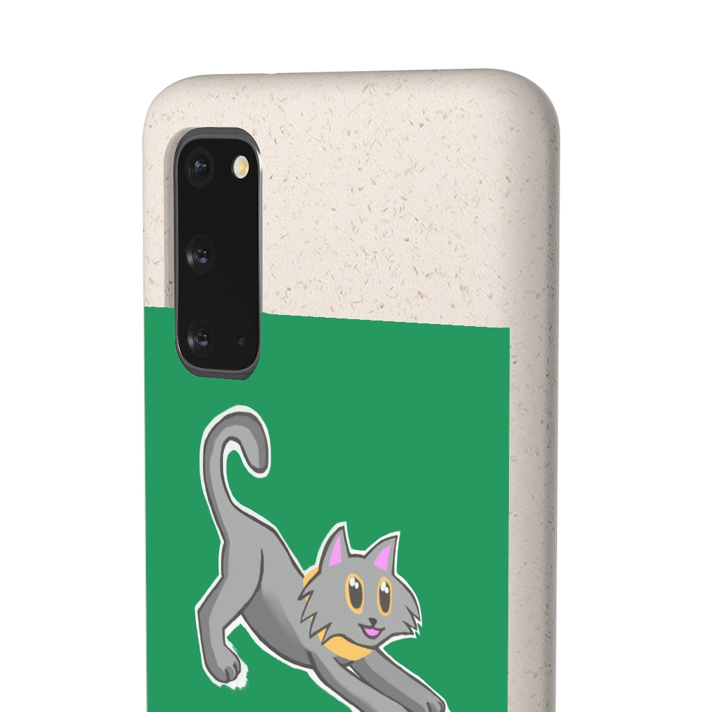 Grey Kitty Biodegradable Phone Case made from PLA plant polymer with bamboo binder, showcasing its slim design and eco-friendly features.