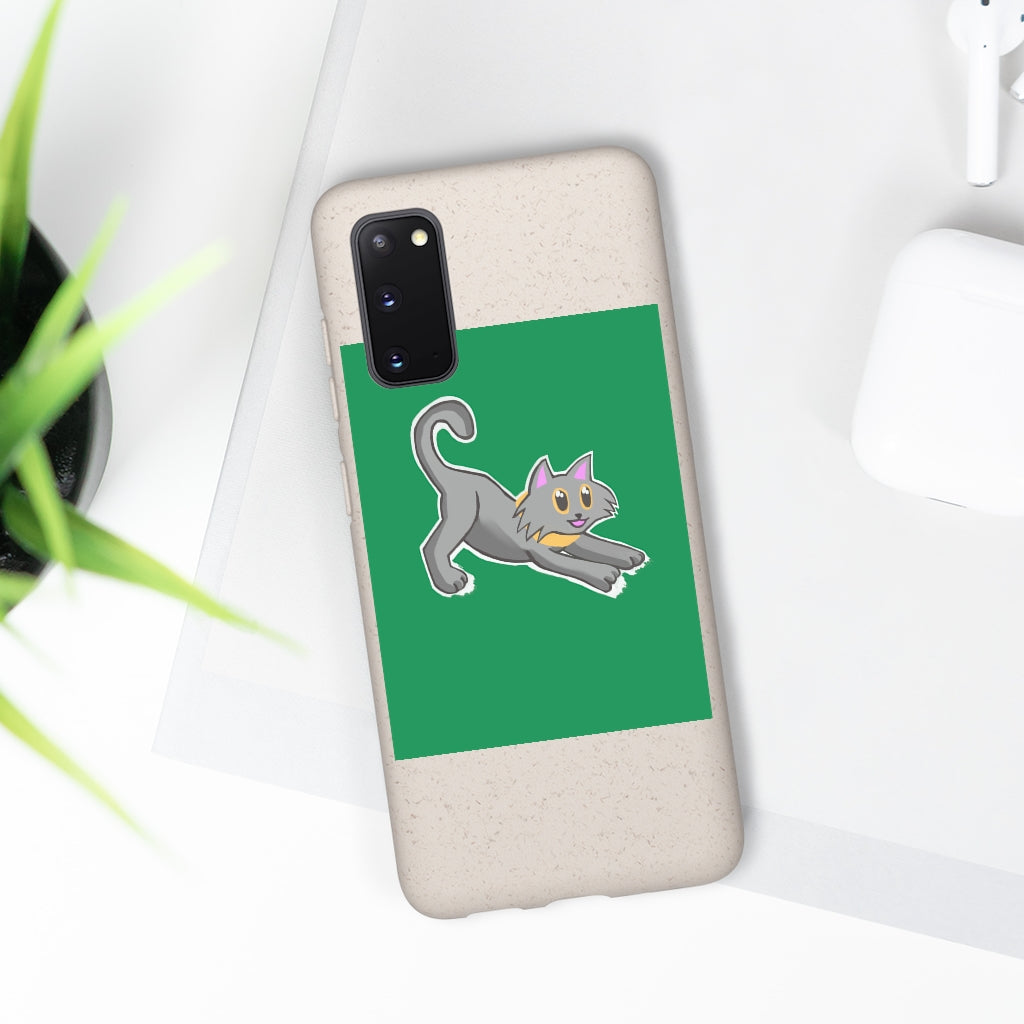 Grey Kitty Biodegradable Phone Case made from PLA plant polymer with bamboo binder, showcasing its slim design and eco-friendly features.