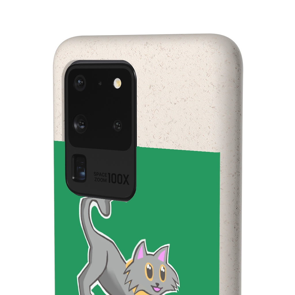 Grey Kitty Biodegradable Phone Case made from PLA plant polymer with bamboo binder, showcasing its slim design and eco-friendly features.