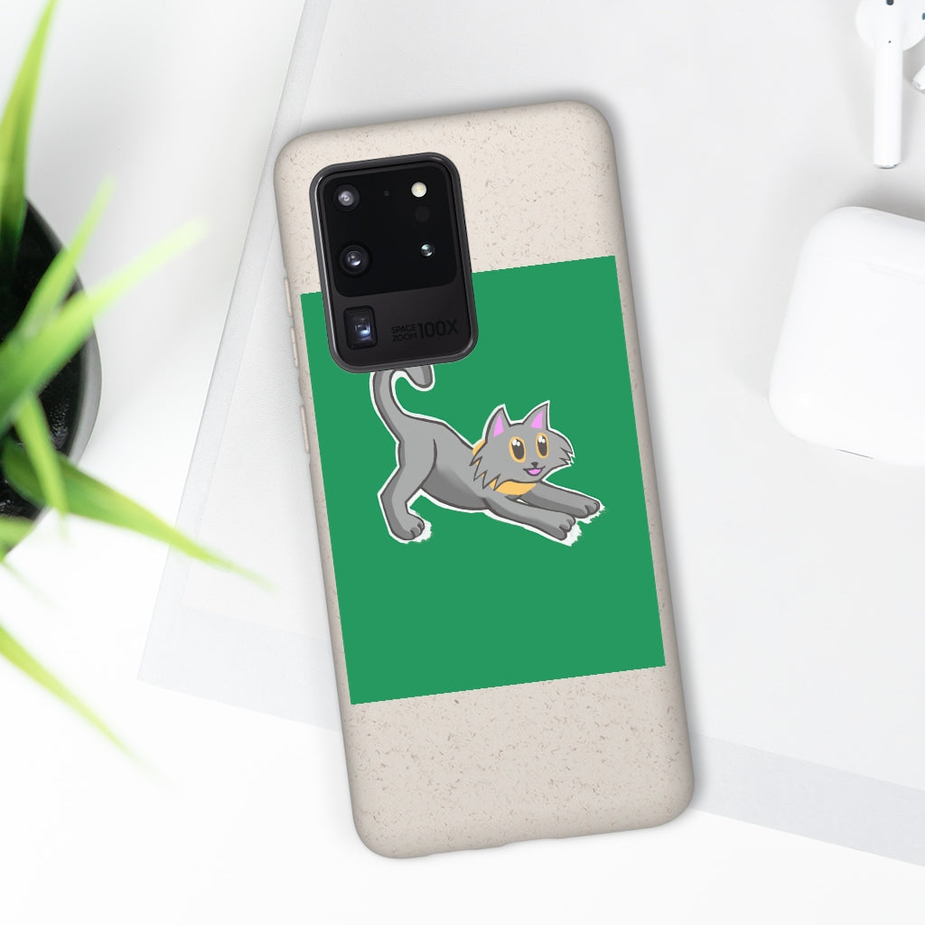 Grey Kitty Biodegradable Phone Case made from PLA plant polymer with bamboo binder, showcasing its slim design and eco-friendly features.