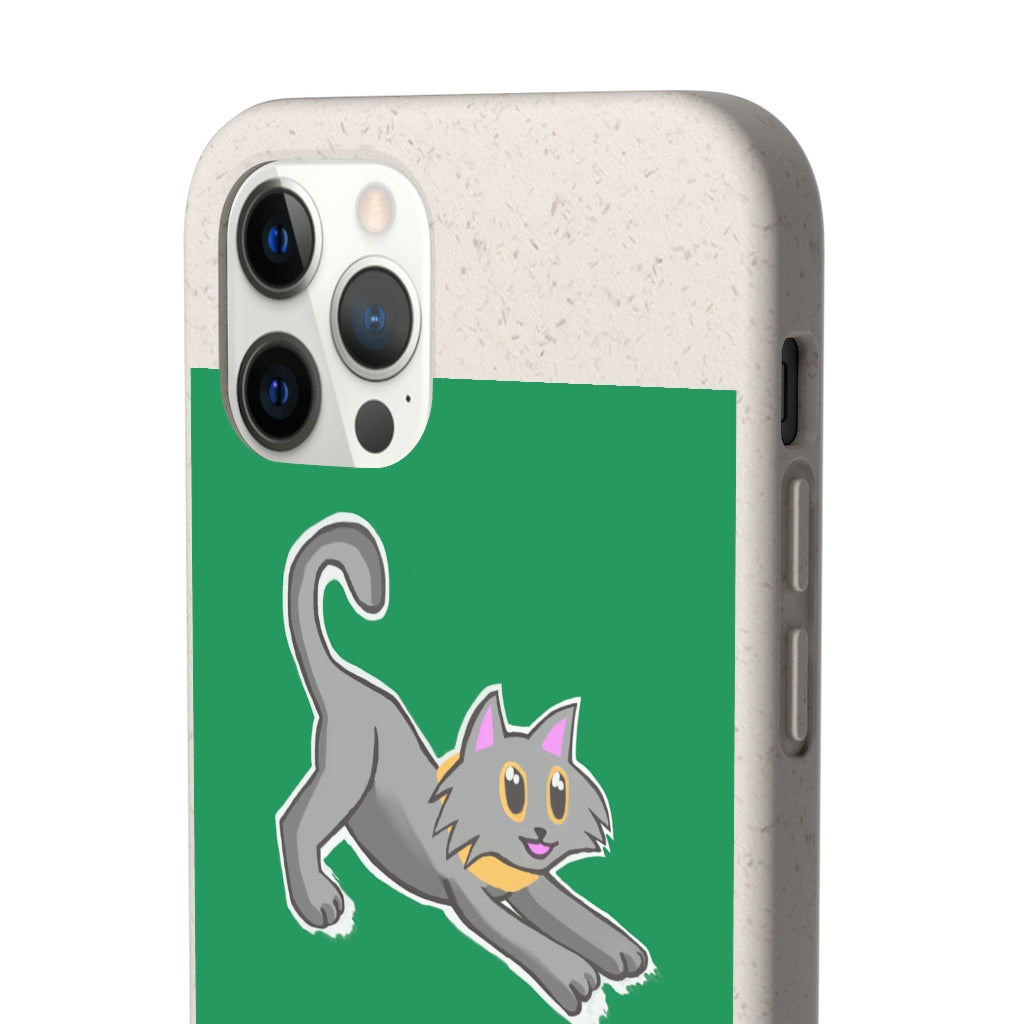 Grey Kitty Biodegradable Phone Case made from PLA plant polymer with bamboo binder, showcasing its slim design and eco-friendly features.