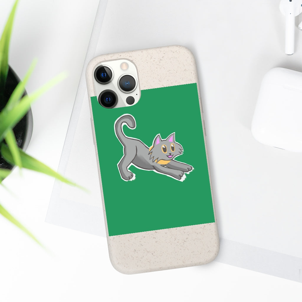 Grey Kitty Biodegradable Phone Case made from PLA plant polymer with bamboo binder, showcasing its slim design and eco-friendly features.