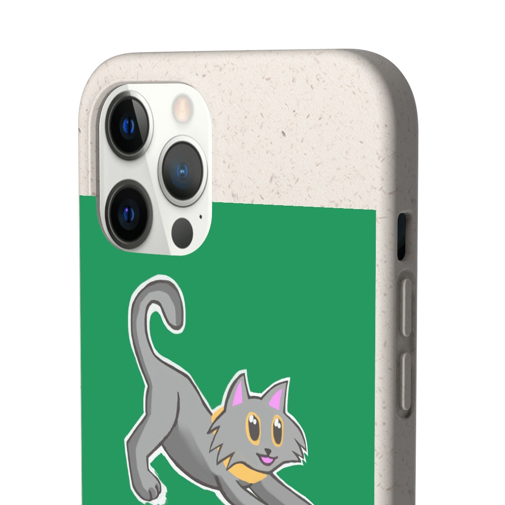 Grey Kitty Biodegradable Phone Case made from PLA plant polymer with bamboo binder, showcasing its slim design and eco-friendly features.