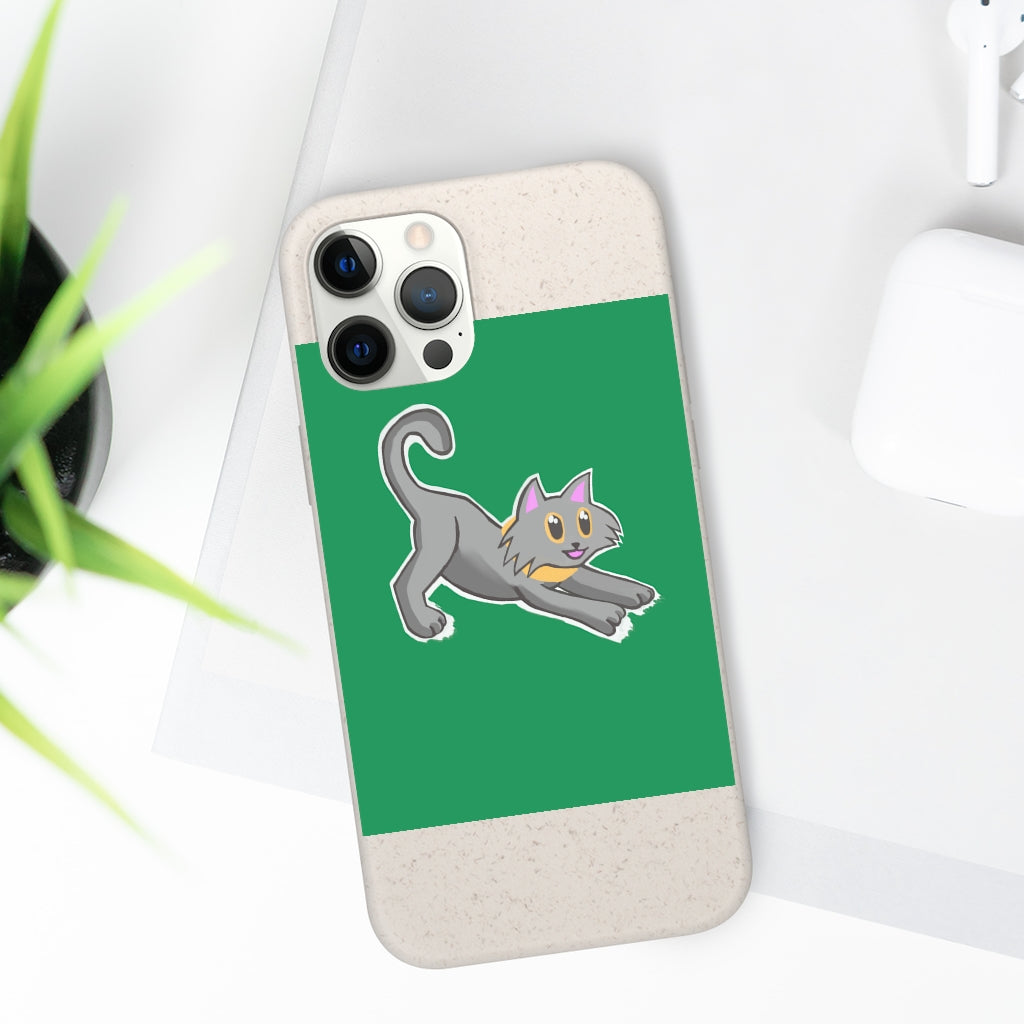 Grey Kitty Biodegradable Phone Case made from PLA plant polymer with bamboo binder, showcasing its slim design and eco-friendly features.