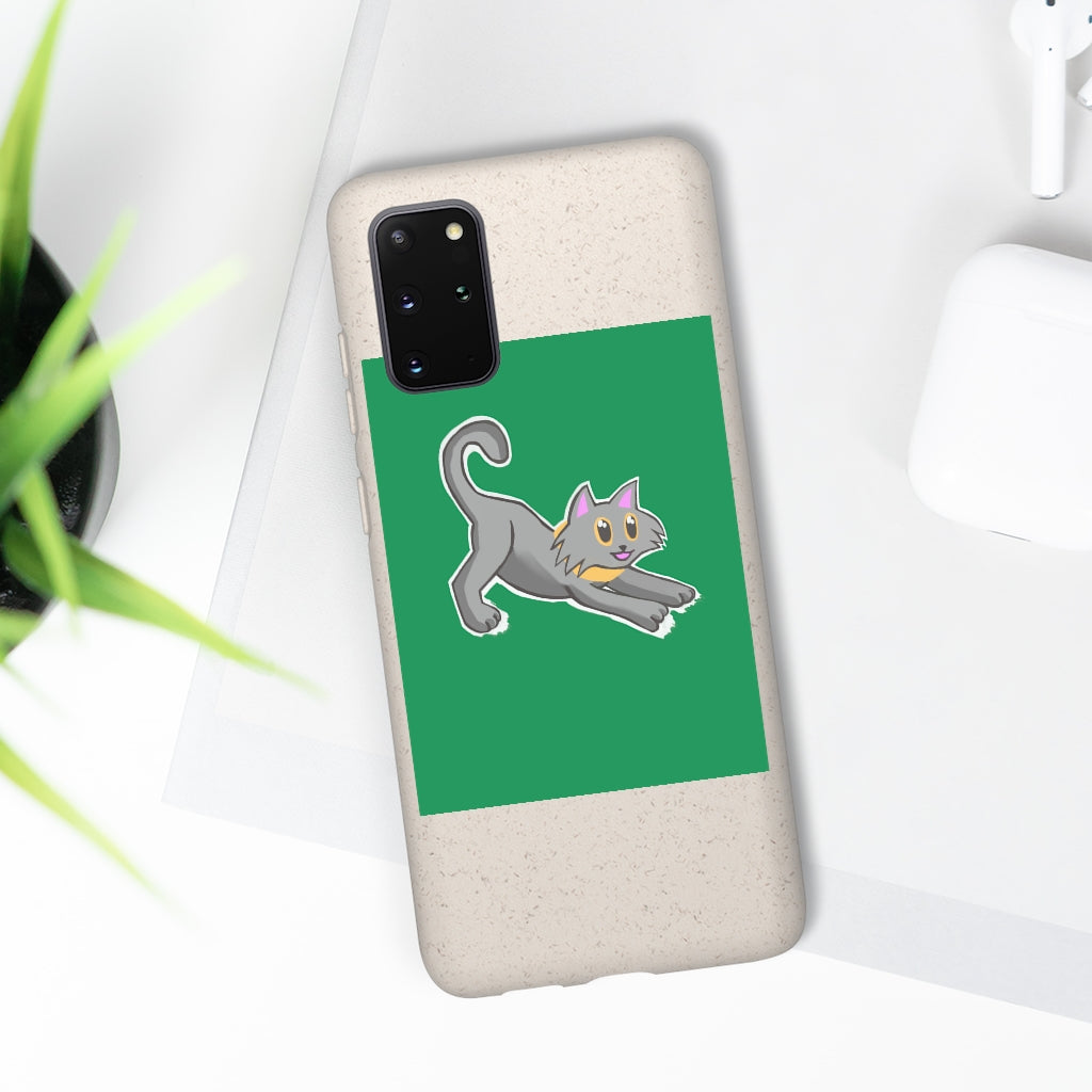 Grey Kitty Biodegradable Phone Case made from PLA plant polymer with bamboo binder, showcasing its slim design and eco-friendly features.