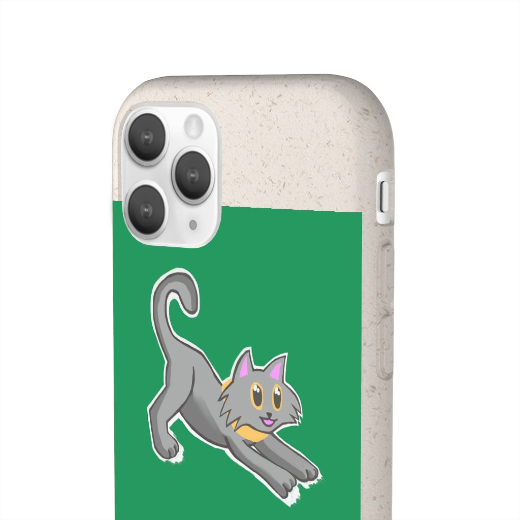 Grey Kitty Biodegradable Phone Case made from PLA plant polymer with bamboo binder, showcasing its slim design and eco-friendly features.