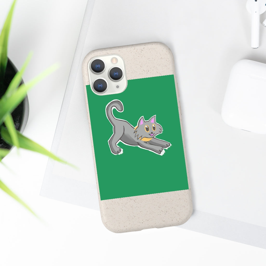 Grey Kitty Biodegradable Phone Case made from PLA plant polymer with bamboo binder, showcasing its slim design and eco-friendly features.