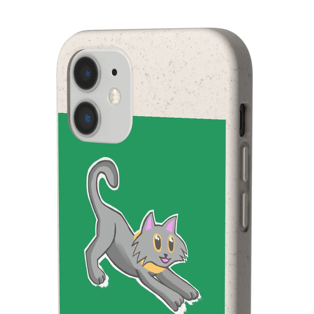 Grey Kitty Biodegradable Phone Case made from PLA plant polymer with bamboo binder, showcasing its slim design and eco-friendly features.