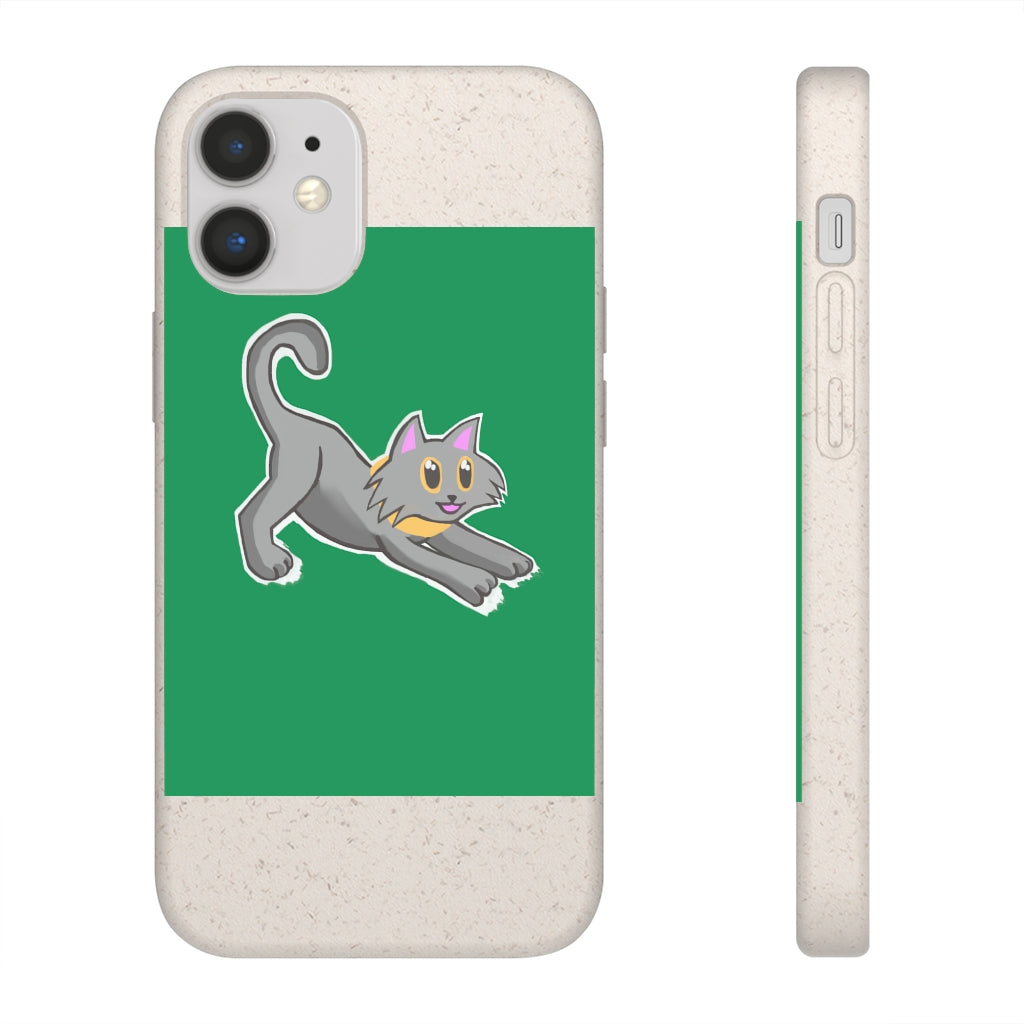 Grey Kitty Biodegradable Phone Case made from PLA plant polymer with bamboo binder, showcasing its slim design and eco-friendly features.