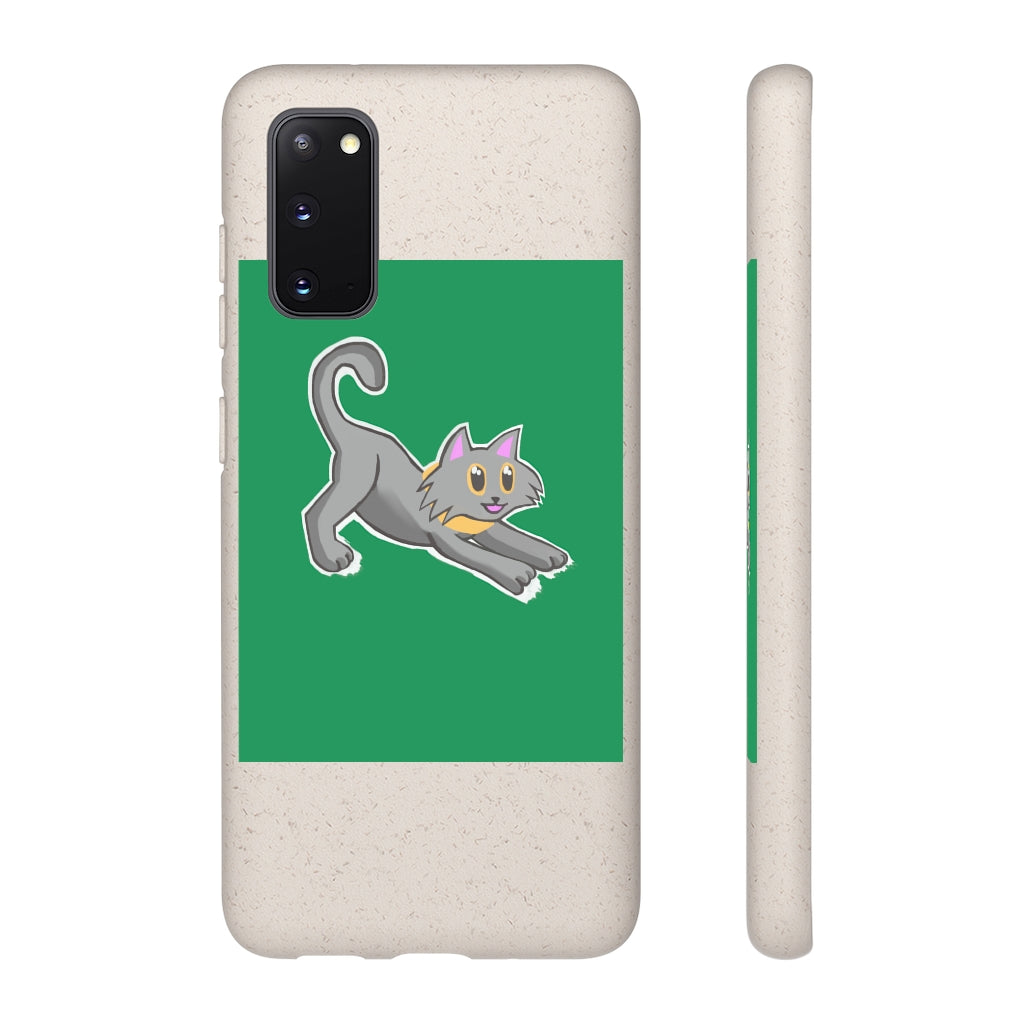 Grey Kitty Biodegradable Phone Case made from PLA plant polymer with bamboo binder, showcasing its slim design and eco-friendly features.