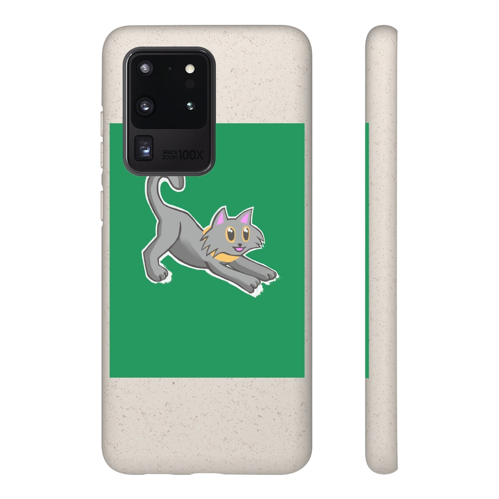 Grey Kitty Biodegradable Phone Case made from PLA plant polymer with bamboo binder, showcasing its slim design and eco-friendly features.