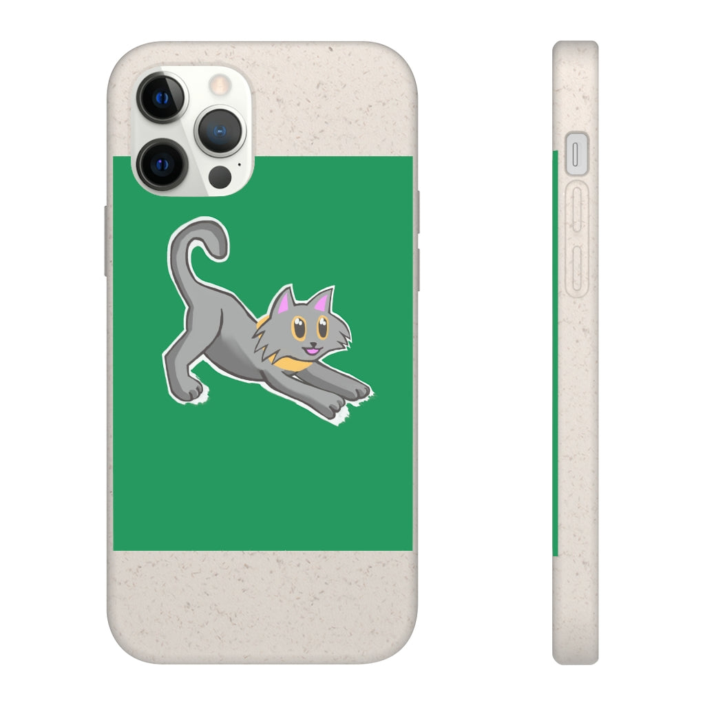 Grey Kitty Biodegradable Phone Case made from PLA plant polymer with bamboo binder, showcasing its slim design and eco-friendly features.