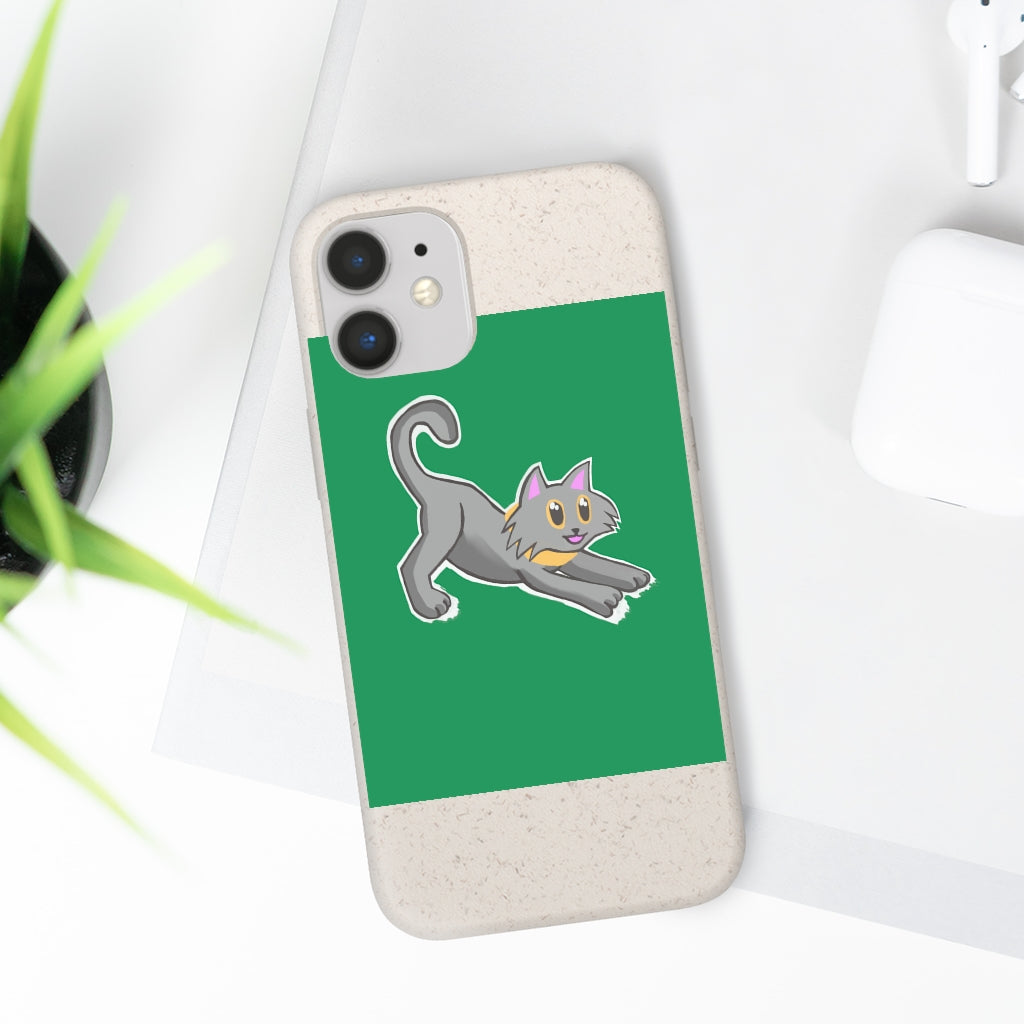 Grey Kitty Biodegradable Phone Case made from PLA plant polymer with bamboo binder, showcasing its slim design and eco-friendly features.