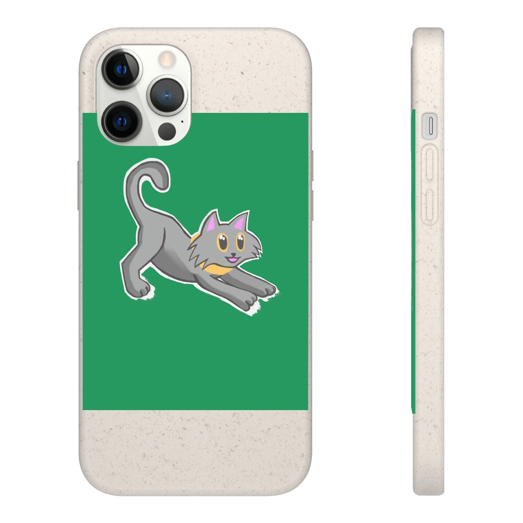 Grey Kitty Biodegradable Phone Case made from PLA plant polymer with bamboo binder, showcasing its slim design and eco-friendly features.