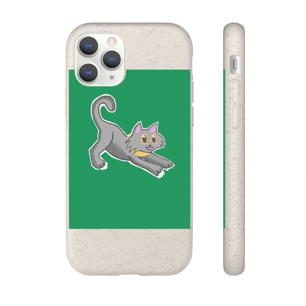 Grey Kitty Biodegradable Phone Case made from PLA plant polymer with bamboo binder, showcasing its slim design and eco-friendly features.