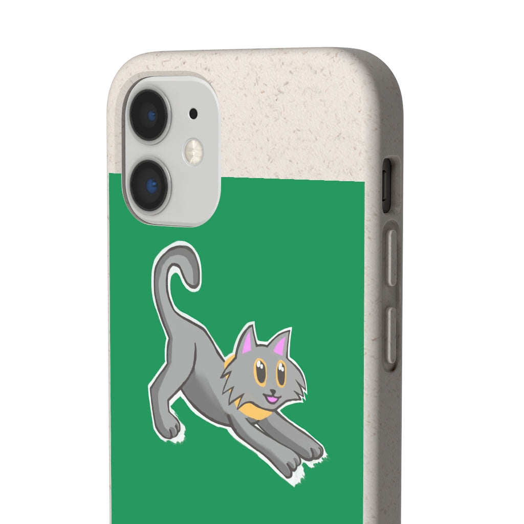 Grey Kitty Biodegradable Phone Case made from PLA plant polymer with bamboo binder, showcasing its slim design and eco-friendly features.