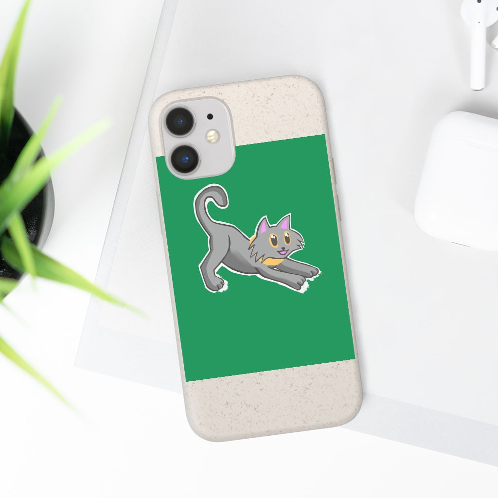 Grey Kitty Biodegradable Phone Case made from PLA plant polymer with bamboo binder, showcasing its slim design and eco-friendly features.