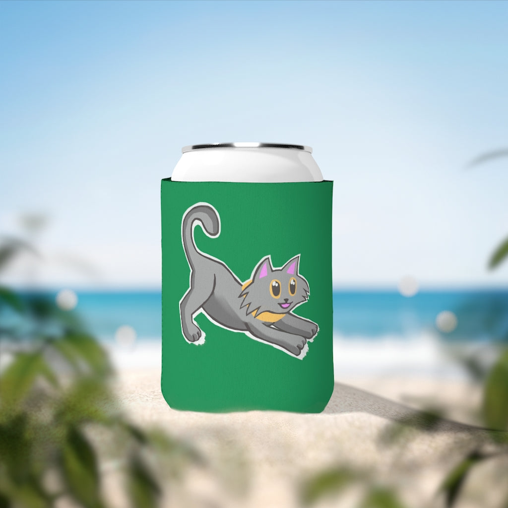 Grey Kitty Can Cooler Sleeve made of durable neoprene, designed to fit standard 12oz cans, featuring a stylish grey kitty design.