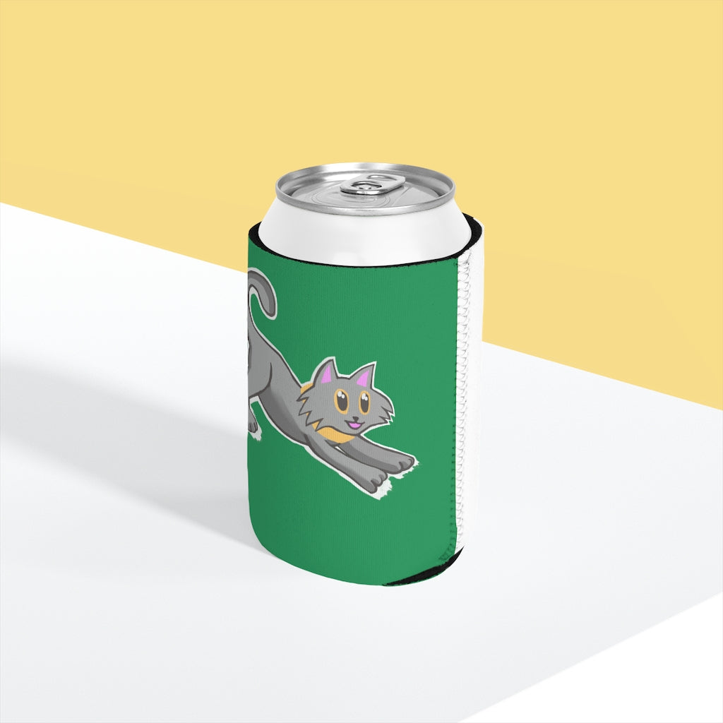 Grey Kitty Can Cooler Sleeve made of durable neoprene, designed to fit standard 12oz cans, featuring a stylish grey kitty design.