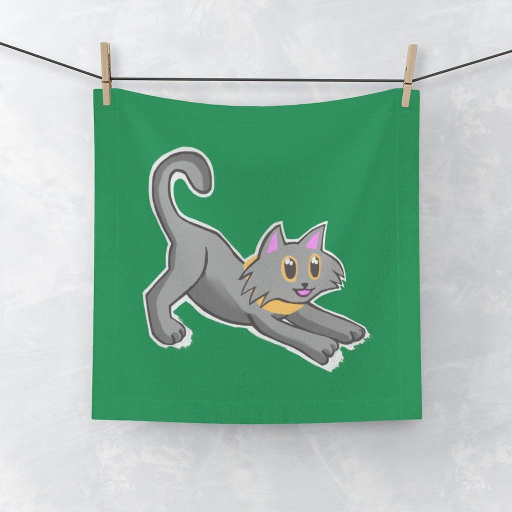 A soft Grey Kitty Face Towel featuring a customizable design on a polyester blend front and absorbent cotton back.