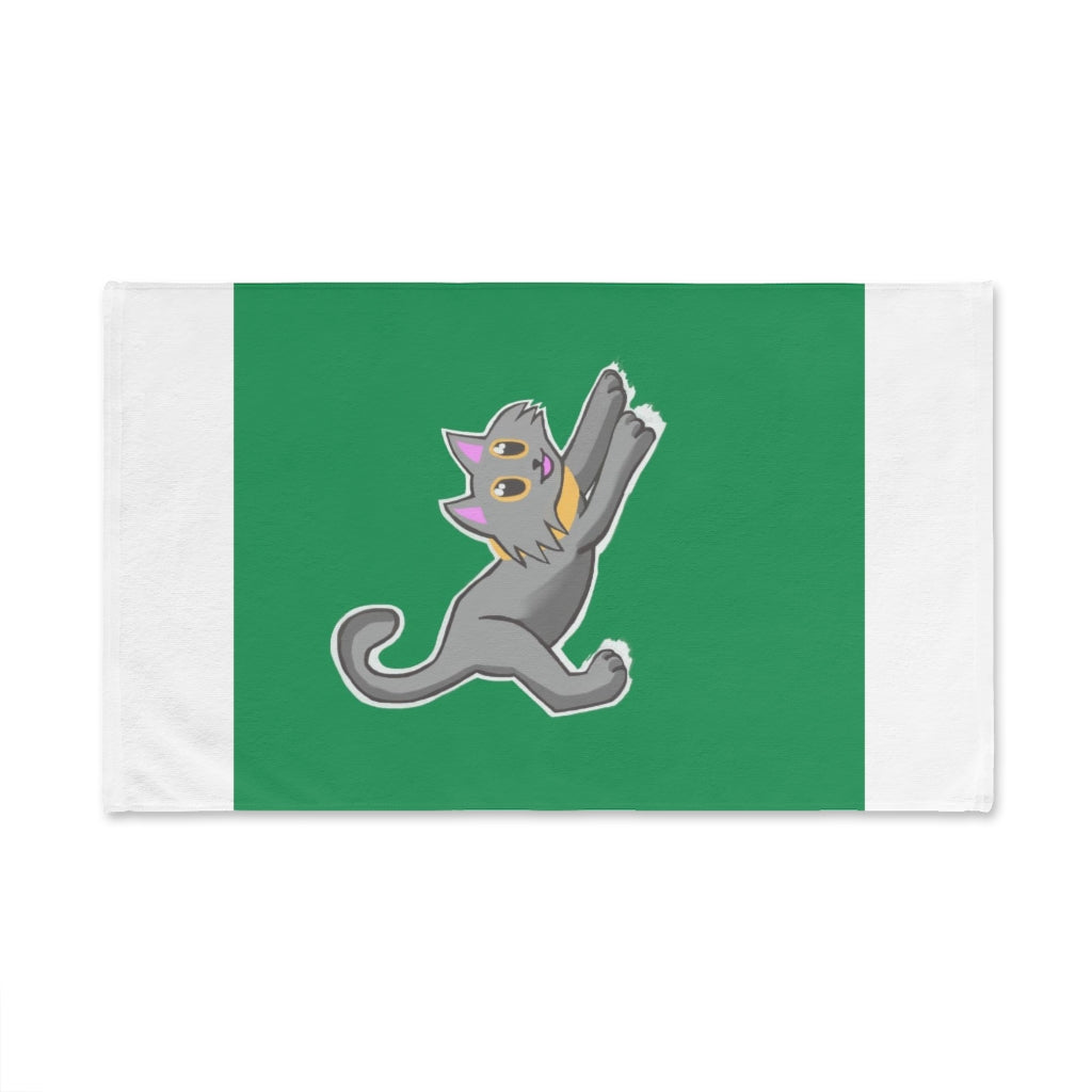 A stylish Grey Kitty Hand Towel featuring a charming cat design on a soft polyester front and a plush cotton back.