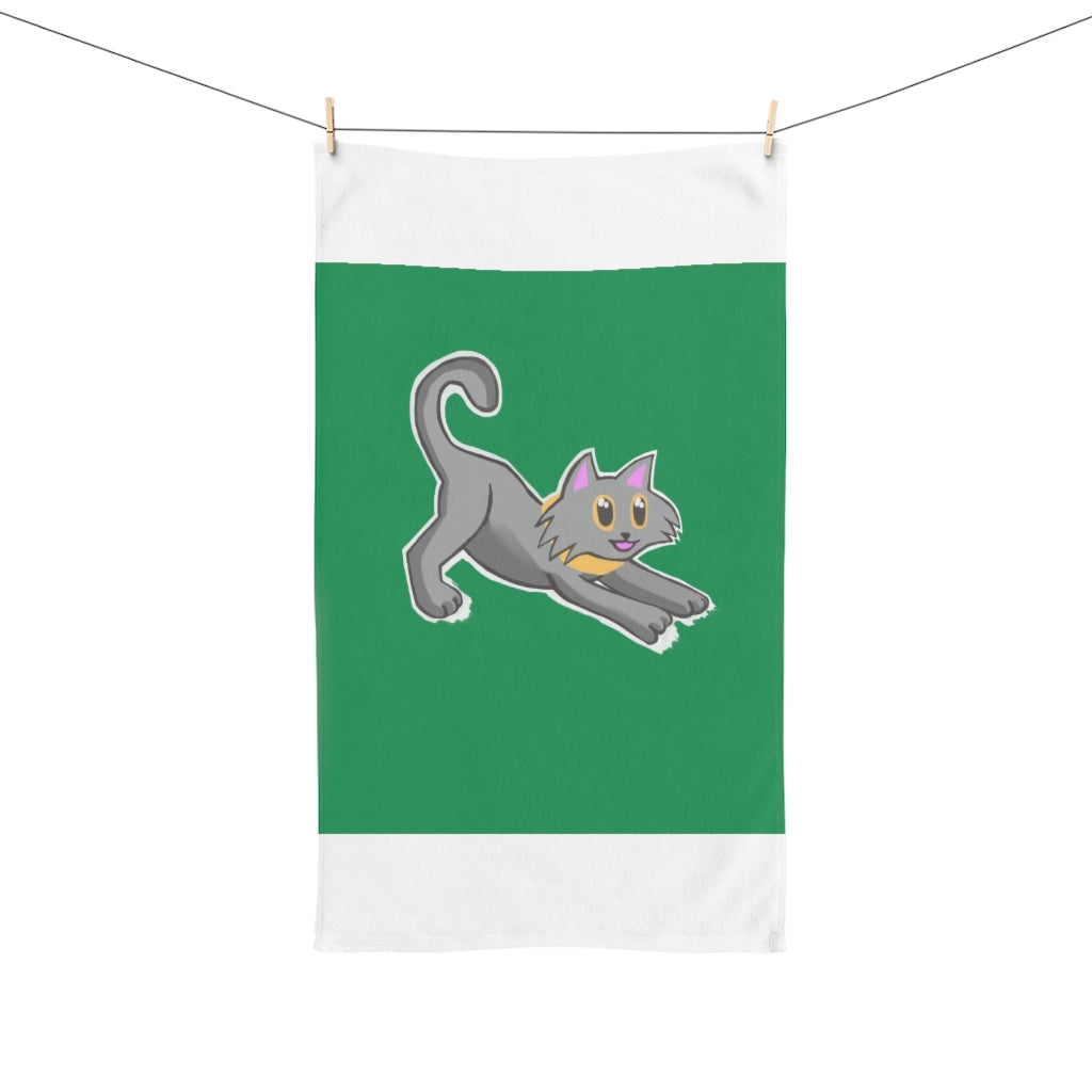 A stylish Grey Kitty Hand Towel featuring a charming cat design on a soft polyester front and a plush cotton back.