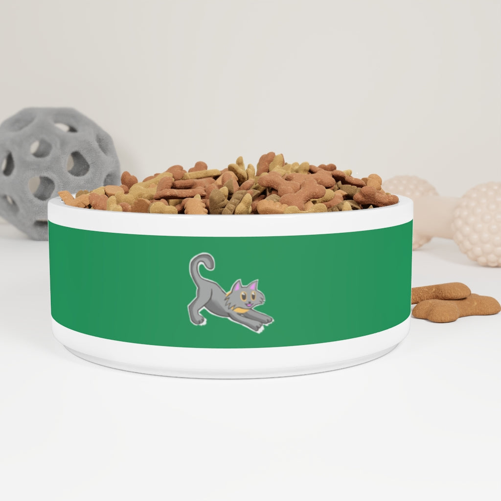 A stylish grey ceramic pet bowl featuring a cute kitty design, perfect for feeding cats and small pets.