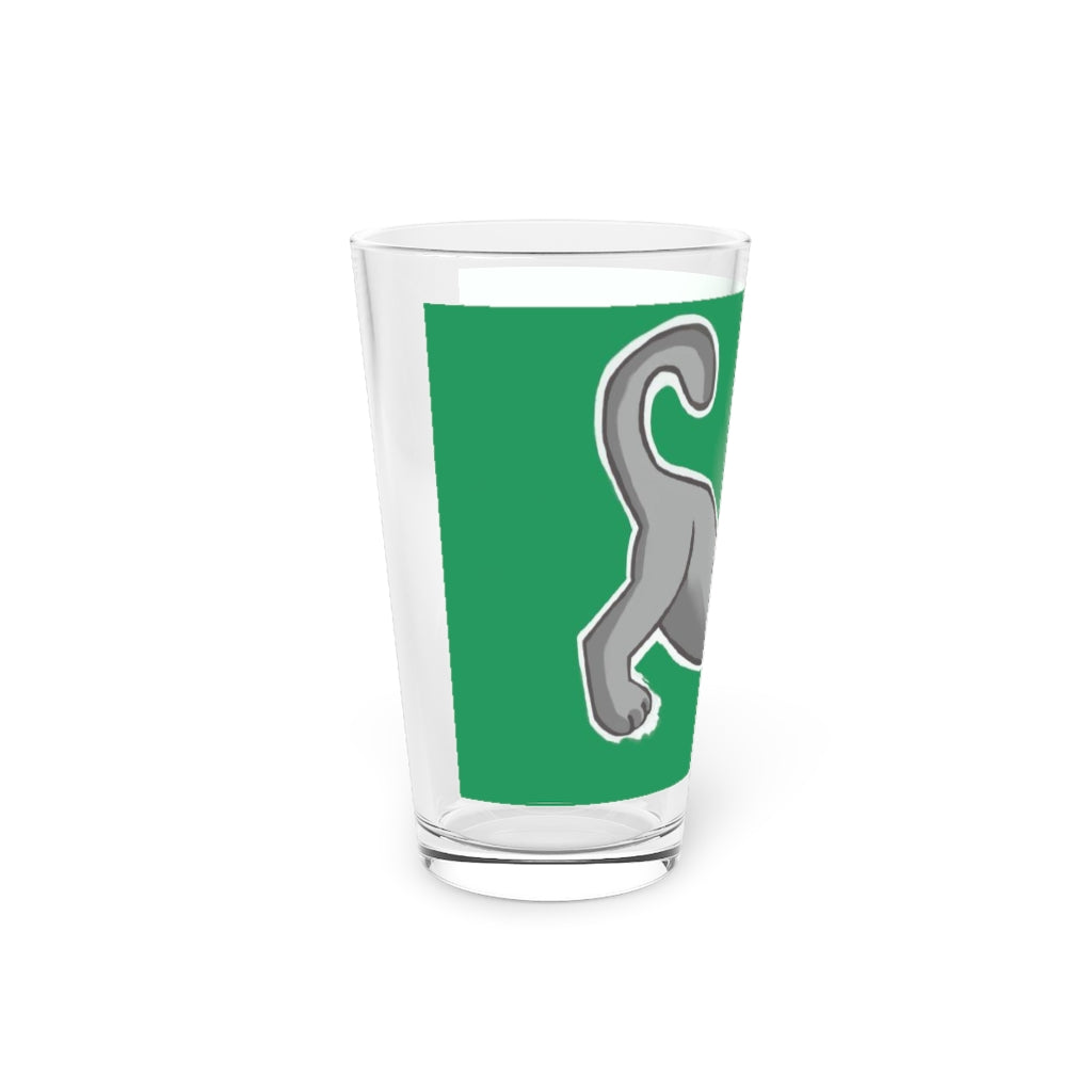 A clear 16oz pint glass featuring a grey kitty design, perfect for personalized drinks.