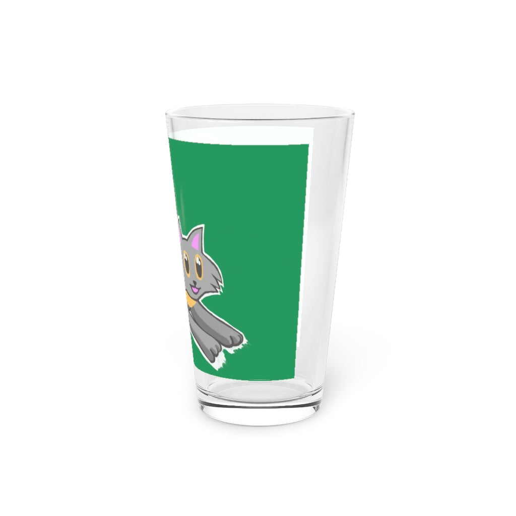 A clear 16oz pint glass featuring a grey kitty design, perfect for personalized drinks.