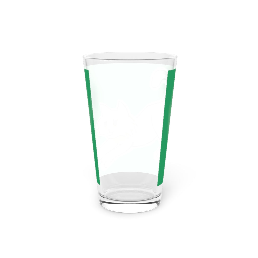 A clear 16oz pint glass featuring a grey kitty design, perfect for personalized drinks.