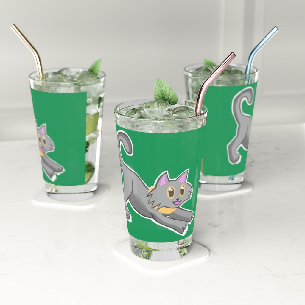 A clear 16oz pint glass featuring a grey kitty design, perfect for personalized drinks.