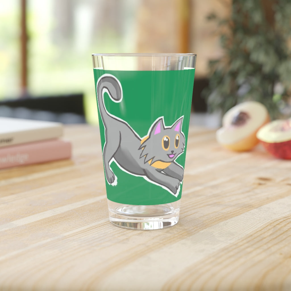 A clear 16oz pint glass featuring a grey kitty design, perfect for personalized drinks.