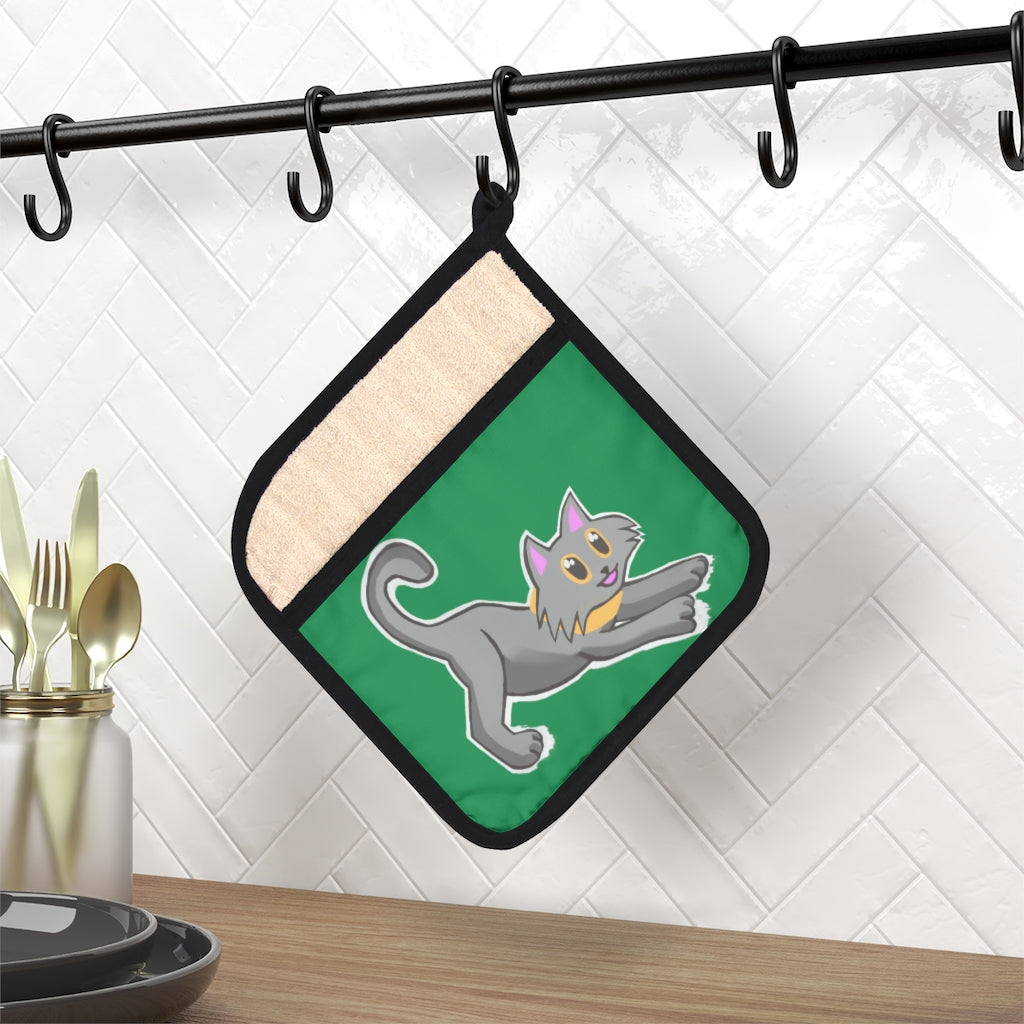 Grey Kitty Pot Holder with Pocket, featuring a cute kitty design and a black cotton hanging loop for easy storage.