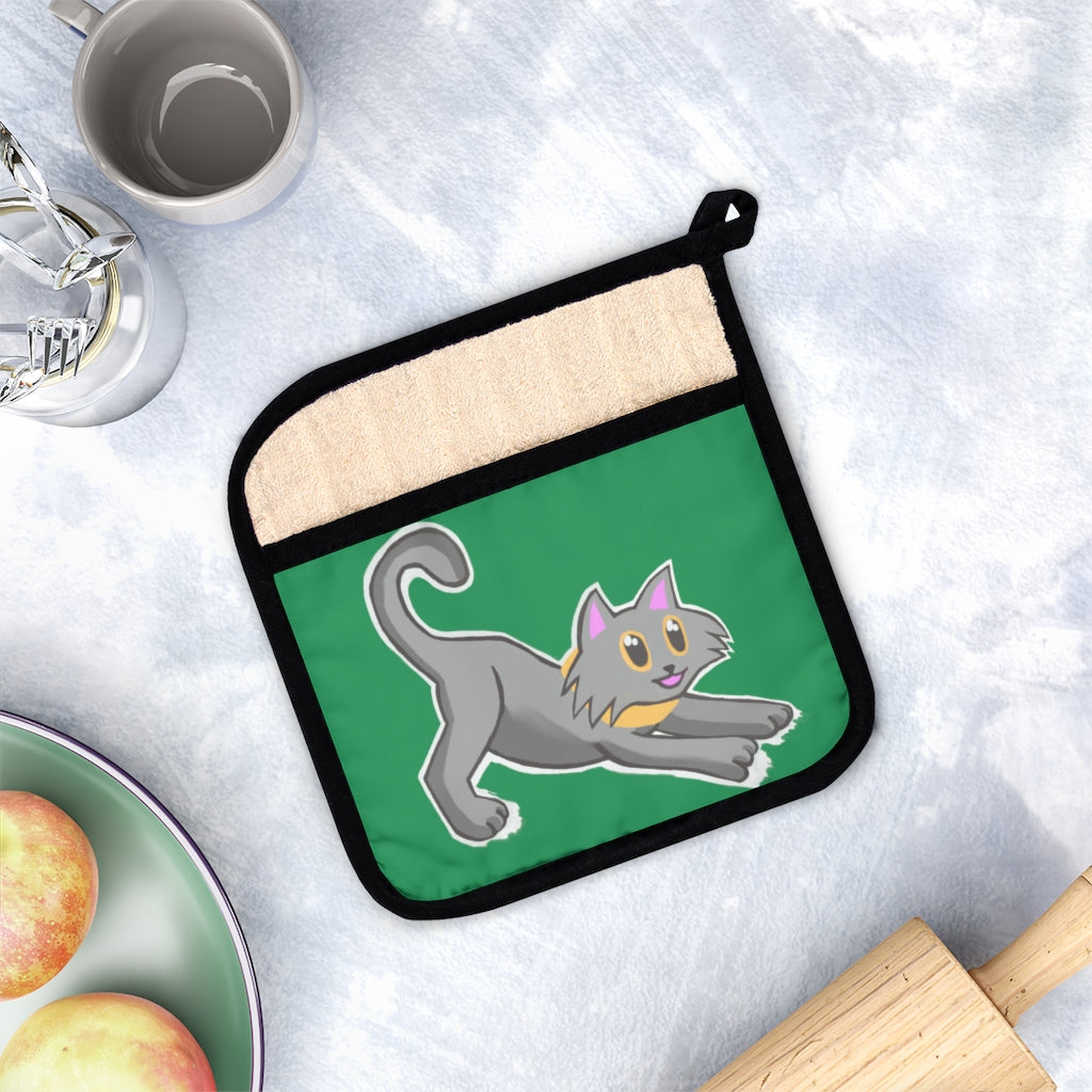 Grey Kitty Pot Holder with Pocket, featuring a cute kitty design and a black cotton hanging loop for easy storage.