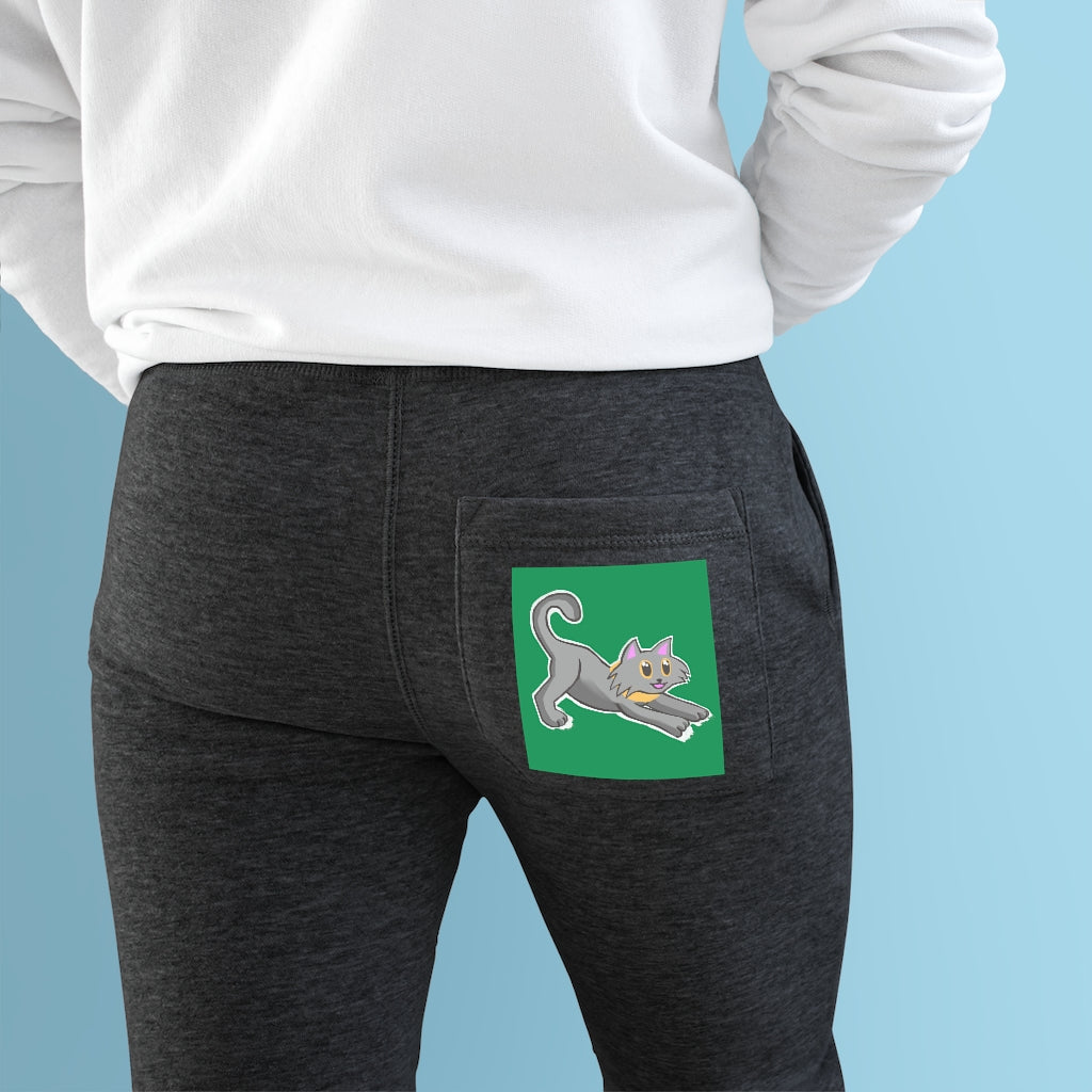 A pair of stylish Grey Kitty Premium Fleece Joggers featuring a customizable back pocket and two side pockets, made from soft fleece fabric.