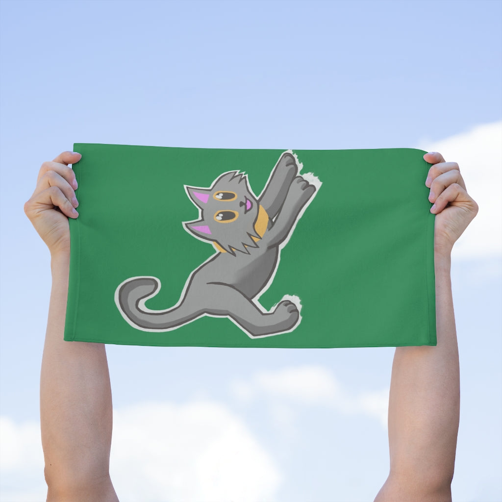 Grey Kitty Rally Towel measuring 11x18 inches, featuring a soft printed mink polyester front and absorbent cotton loop backing.