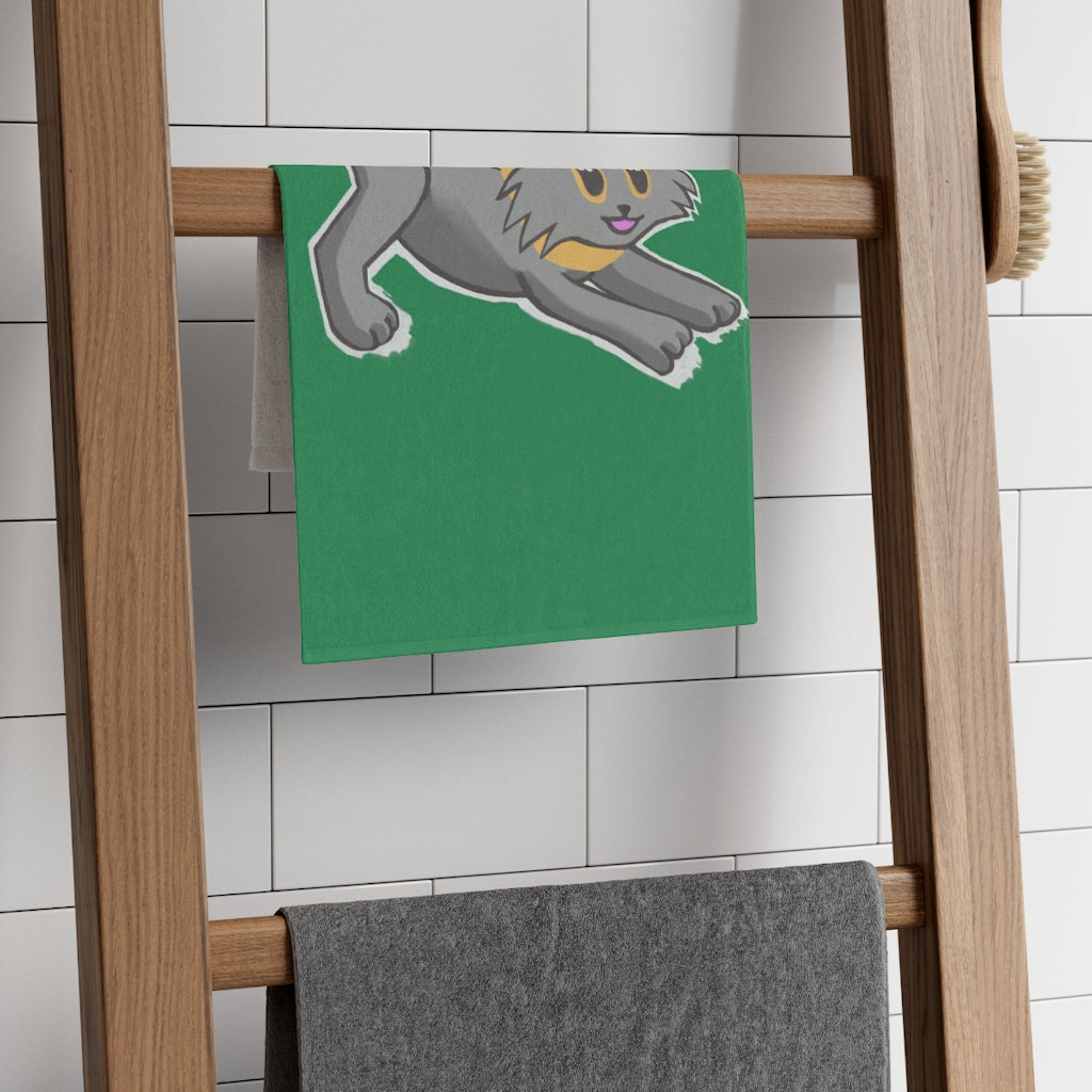 Grey Kitty Rally Towel measuring 11x18 inches, featuring a soft printed mink polyester front and absorbent cotton loop backing.