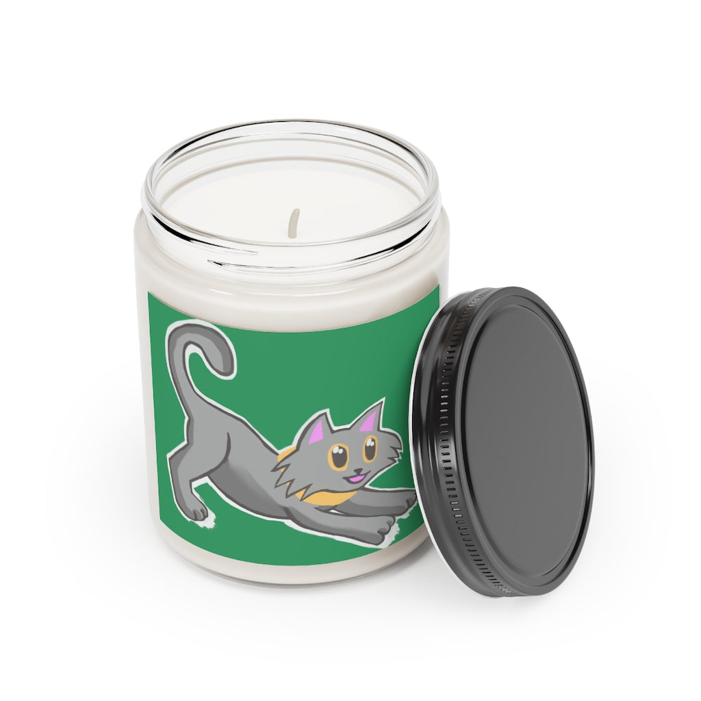 Grey Kitty Scented Candle in a glass container, featuring a warm Cinnamon Stick or sweet Vanilla fragrance, hand-poured with vegan soy coconut wax.