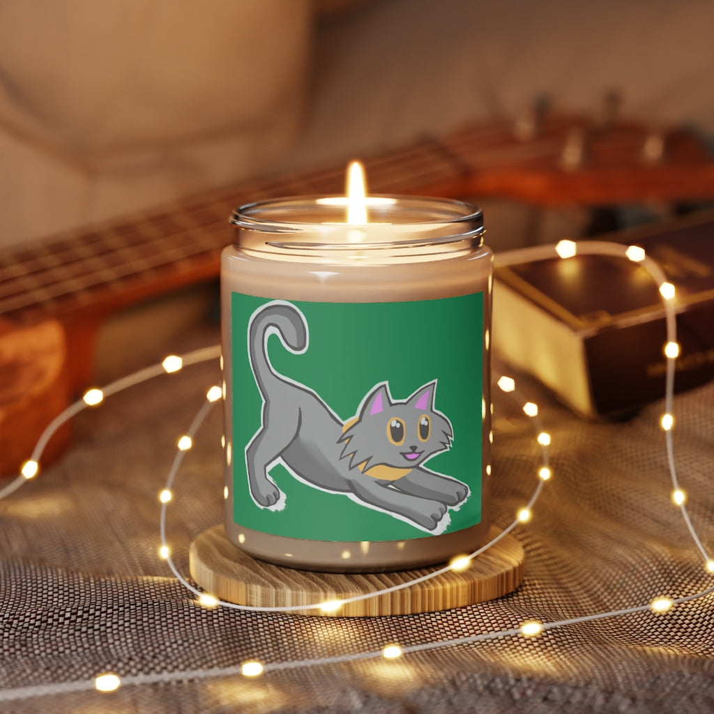 Grey Kitty Scented Candle in a glass container, featuring a warm Cinnamon Stick or sweet Vanilla fragrance, hand-poured with vegan soy coconut wax.