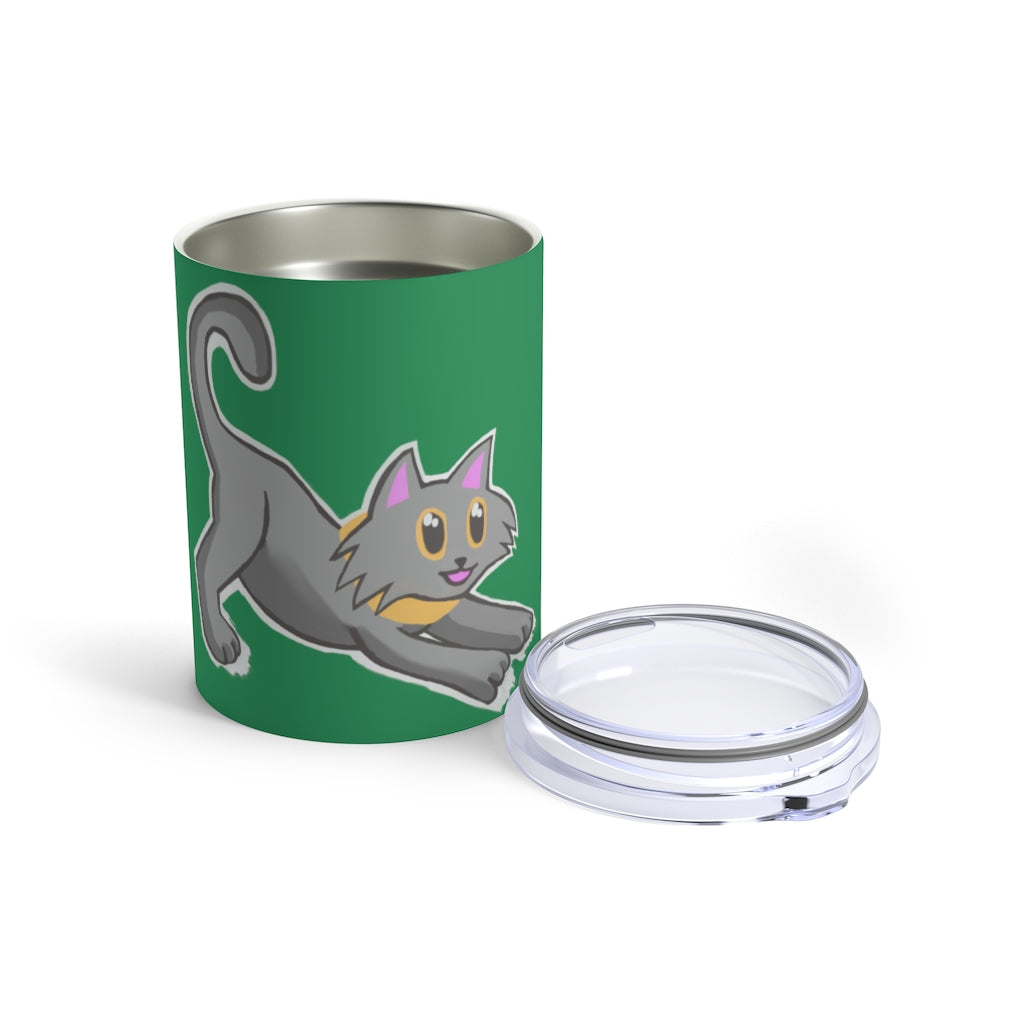 Grey Kitty Tumbler 10oz made of stainless steel with a see-thru plastic lid, showcasing its stylish design and compact size.