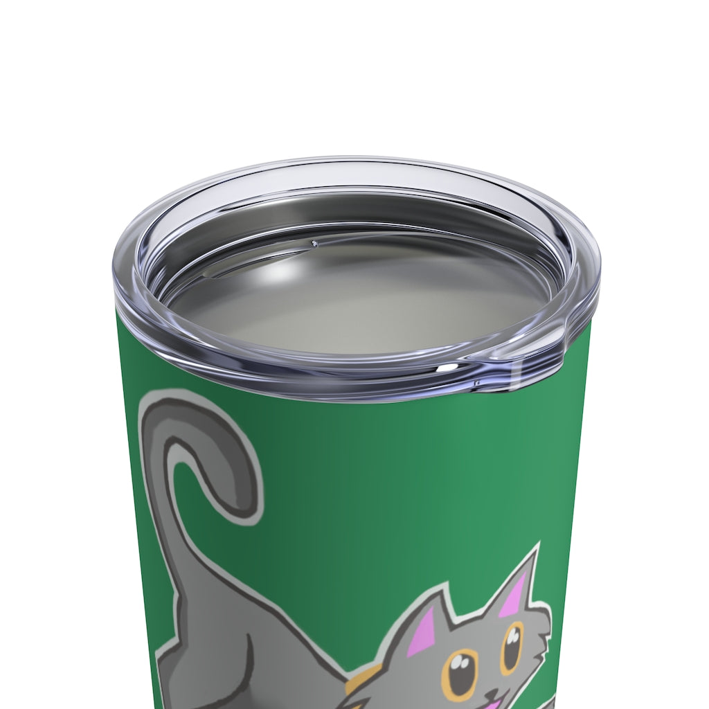 Grey Kitty Tumbler 10oz made of stainless steel with a see-thru plastic lid, showcasing its stylish design and compact size.