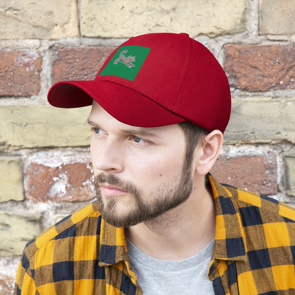 Grey Kitty Unisex Twill Hat featuring a classic 6-panel design and adjustable Velcro closure, made from 100% cotton twill.