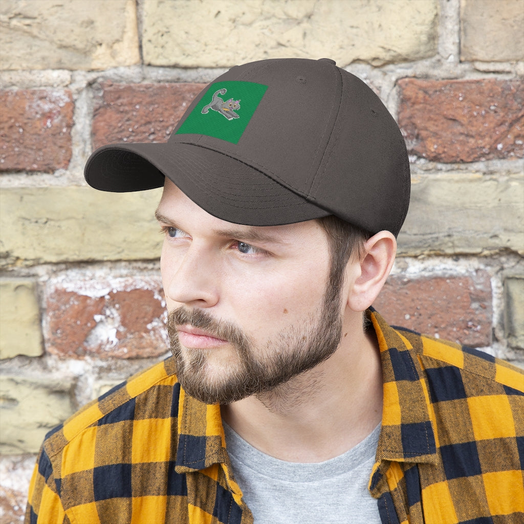 Grey Kitty Unisex Twill Hat featuring a classic 6-panel design and adjustable Velcro closure, made from 100% cotton twill.