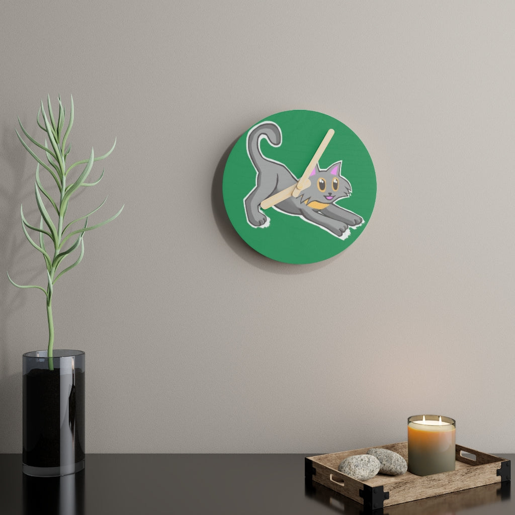 Grey Kitty Wooden Wall Clock made from sustainable birch plywood, featuring a charming design suitable for home decor.